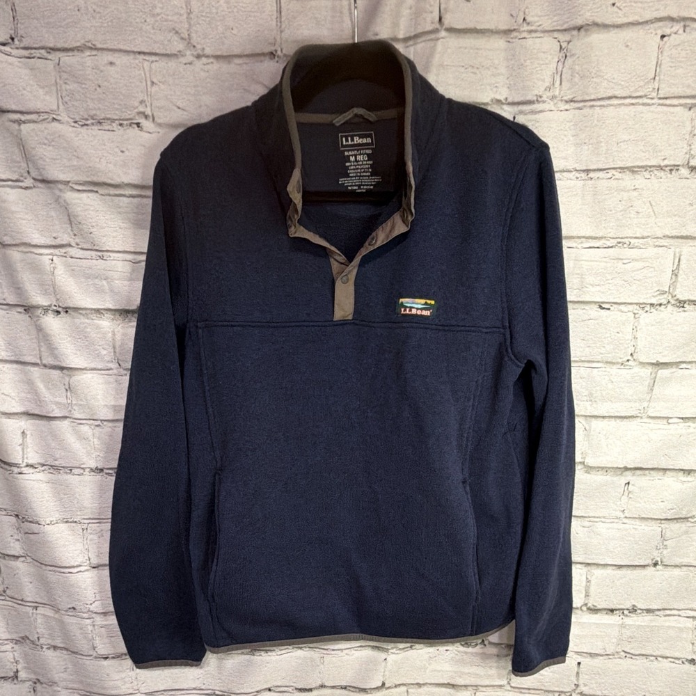 LL Bean Jacket Men Medium blue Fleece Snap Pullover Sweater Outdoor Hiking Comfy